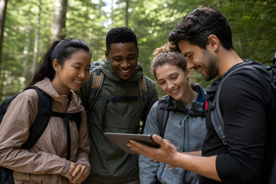 Diverse friends hiking and looking at a digital map