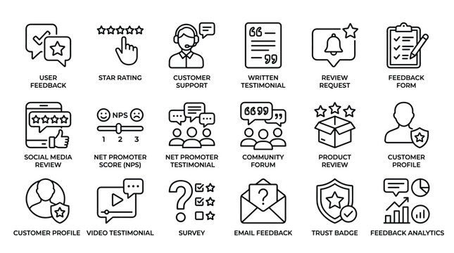 Set of customer feedback and satisfaction line icons for business review and experience management including survey rating forms and analytics dashboard vectors.