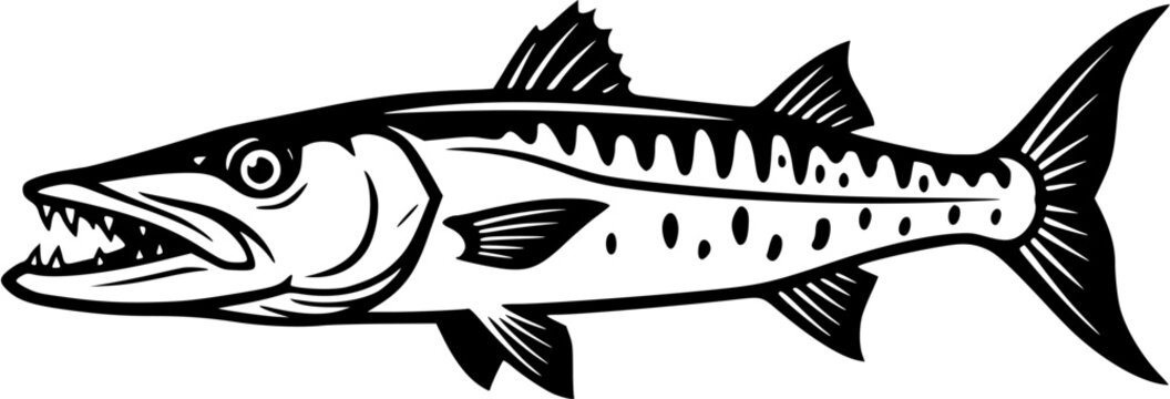 A striking illustration of a barracuda, showcasing its sharp teeth and fierce predatory nature in a dynamic monochrome style.