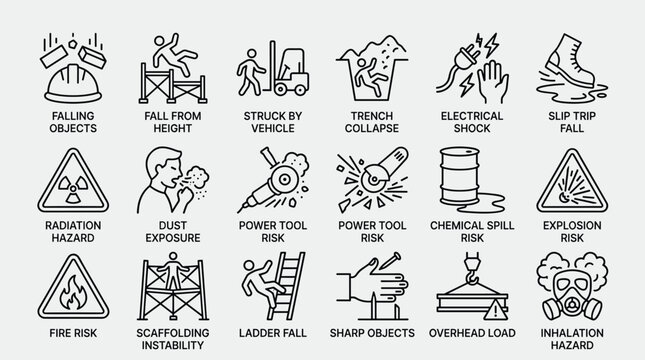 Set of industrial safety and hazard icons including falling objects fall from height and struck by vehicle.