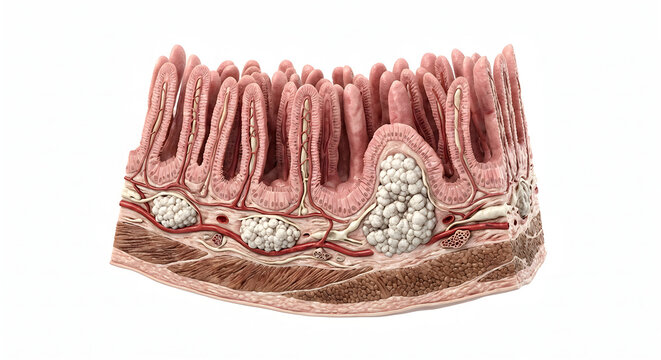 Detailed 3D Cross-Section Render of Human Ileum Tissue Anatomy Featuring Peyer's Patches Isolated on White