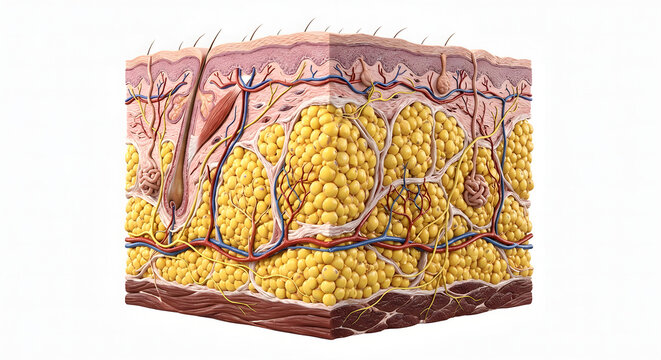 Highly Detailed 3D Render of Human Skin Anatomy Focusing on the Subcutaneous Hypodermis Tissue Layer