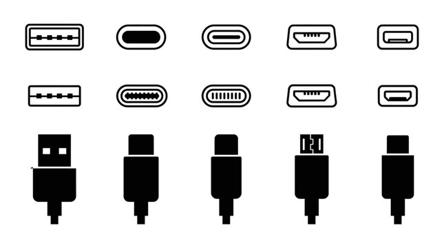 Set of electronic cable connectors and port icons for computer and mobile devices
