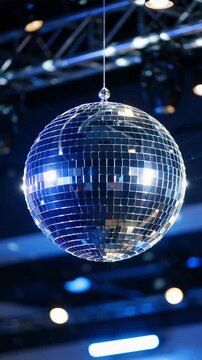 Classic mirror disco ball hanging from the ceiling reflecting blue party lights in club