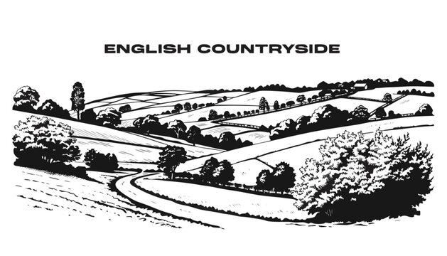 Very beautiful black and white realistic vector illustration of the English countryside featuring a bold label reading "ENGLISH COUNTRYSIDE", rolling hills, patchwork fields, winding country lane, sca