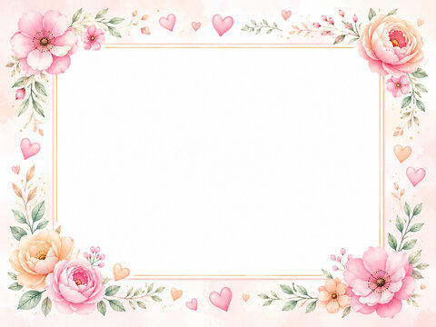 Elegant romantic floral frame with soft pink and peach flowers, watercolor leaves, floating hearts, thin gold border, and large blank space for wedding invitations, love cards, announcements, or femin