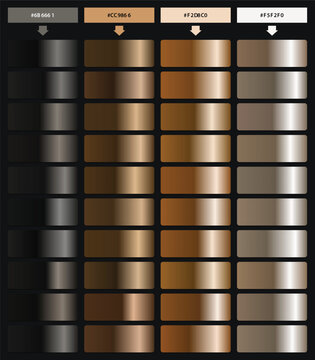 Metallic bronze and copper gradient swatches, luxury gold and silver metal texture palette, 40 professional vector gradients for graphic design