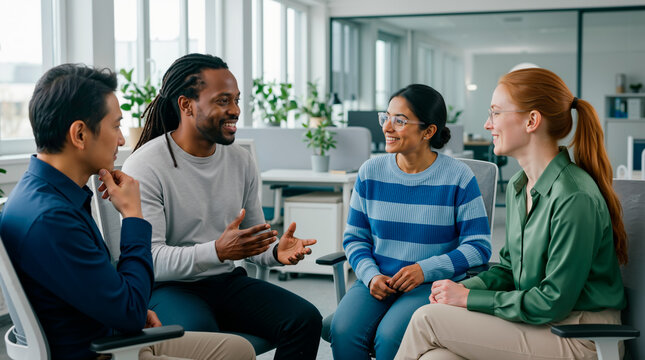 Diverse colleagues in casual clothes discussing a new project in a modern office. Multiethnic team of professionals smiling and talking during a meeting. Teamwork and collaboration concept