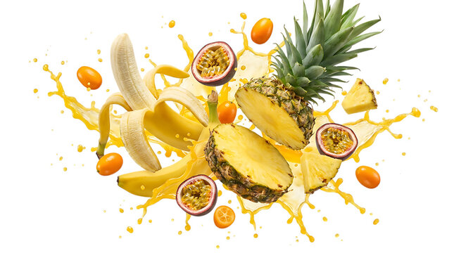 Tropical fruit medley featuring a whole pineapple, peeled banana, passion fruit, and kumquats with dynamic yellow juice splashes isolated on a transparent background