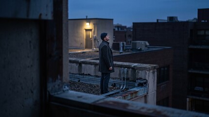Fototapeta premium Solitary Figure On Moonlit Rooftop Seen From Hidden Overhead Angle