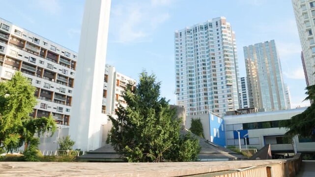 Pan Right of Modernist Skyscrapers and White Ventilation Tower at Front de Seine Beaugrenelle Paris