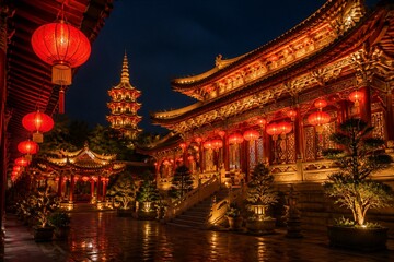 Fototapeta premium Traditional temple illuminated by lanterns during night festival