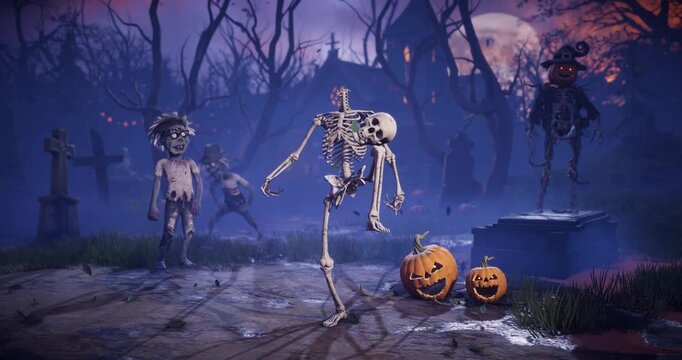 3D animation of funny Halloween skeleton juggling his own skull like a soccer ball with his knee in spooky night cemetery. Humorous horror character in foggy graveyard.