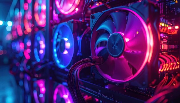 Cryptocurrency mining rig with glowing neon cooling fans.