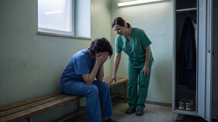 Obraz premium Shift Change Locker Room Pause Among Healthcare Co-Workers