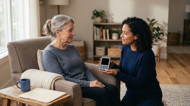 Compassionate at-home support with medical diagnostic device in a serene room