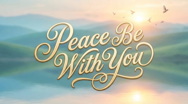 Elegant golden calligraphy text reading peace be with you against a soft blurred sunrise mountain background