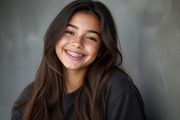 Fototapeta premium Teenage girl smiling with braces against neutral background