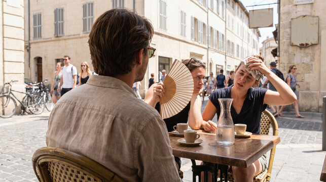 Friends Cooling Off in Summer Heat on a European Caf&eacute; Terrace