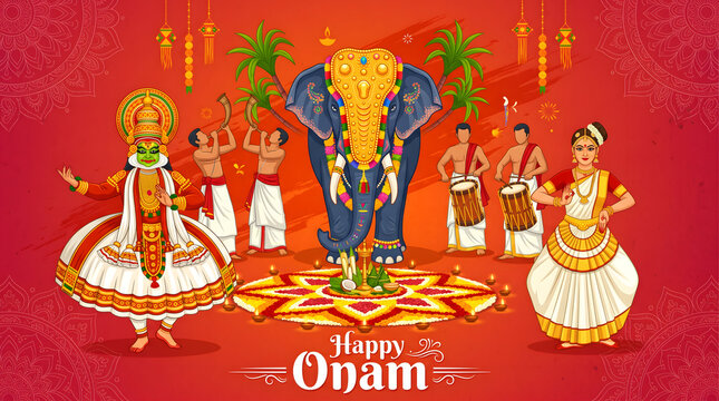 Kathakali performer elephant musician and dancer celebrate onam with flower rangoli design on red festive background