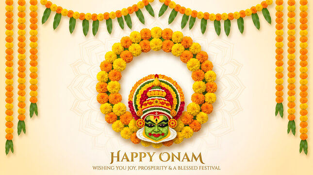 happy onam marigold flower wreath with kathakali face wishing joy prosperity and blessed festival greeting