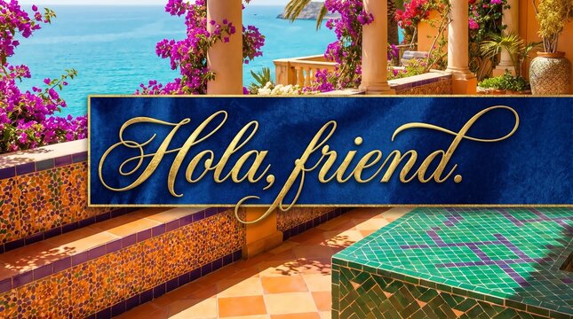 Elegant gold calligraphy text saying hola friend overlayed on a vibrant sunny Mediterranean coastal terrace scene
