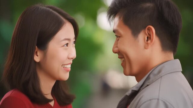 赤いトップスの30代前半の女性とライトグレーの男性が明るい空間で笑顔の会話を交わす