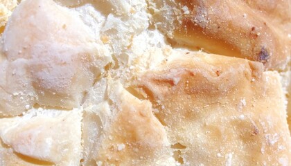 Obraz premium Golden brown crusty sourdough bread close up texture.