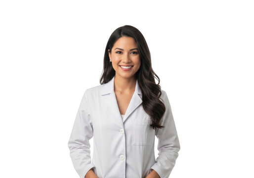 Smiling female doctor wearing a white lab coat looking at the camera in a professional portrait