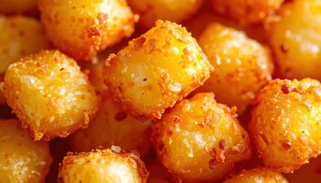 Golden brown crispy tater tots close up shot.