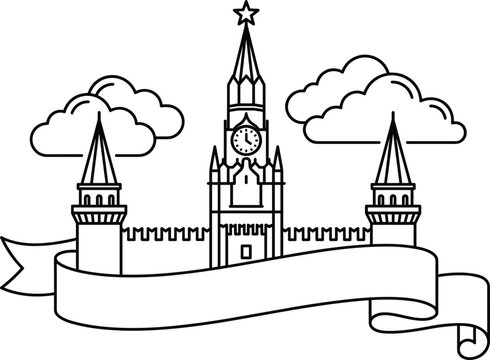 Moscow Kremlin fortress wall and Spasskaya clock tower line art drawing with empty ribbon banner and clouds vector illustration