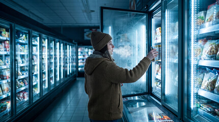 Fototapeta premium Woman opening freezer aisle door in a grocery store with cold air mist in a cinematic atmosphere