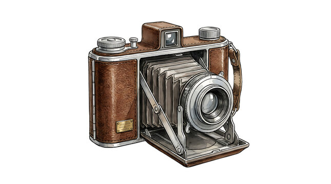 Vintage folding camera with brown leather casing and metal bellows, isolated on a white background, detailed hand-drawn style isolated on a transparent background