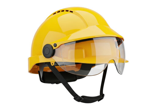 Bright yellow industrial safety hard hat with clear plastic face shield for construction work