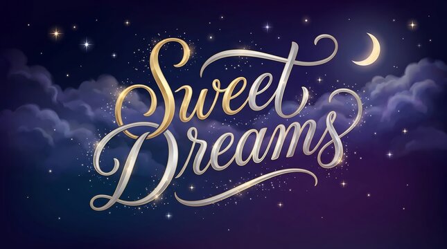 Elegant metallic sweet dreams lettering set against a dark starry night sky with fluffy purple clouds