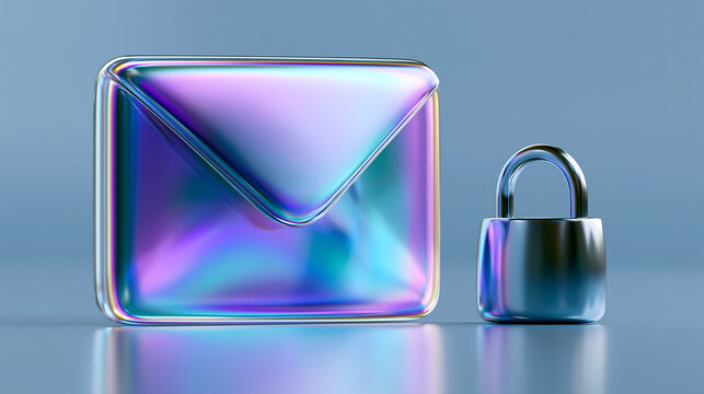 A translucent, iridescent envelope icon and a matching padlock icon are displayed on a glossy reflective surface against a blue background.