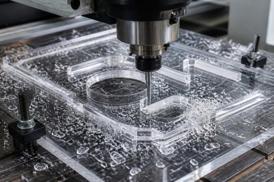 Cnc machine milling acrylic sheet in industrial workshop