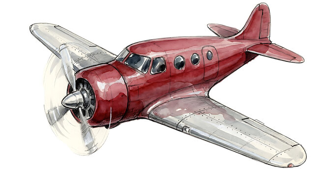 Vintage red propeller airplane with silver wings and a spinning propeller, hand-drawn watercolor isolated on a white background, aviation isolated on a transparent background