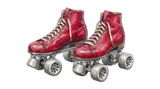 Pair of vintage red leather roller skates with white laces and metal wheels, isolated on a white background, for retro sports, and hobby themes isolated on a transparent background