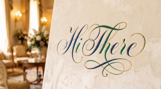 Elegant gold and blue calligraphy sign featuring the friendly greeting phrase hi there on white board