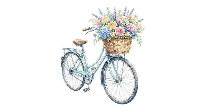 A light blue vintage bicycle featuring a large wicker basket overflowing with a vibrant bouquet of spring flowers, isolated on a white background isolated on a transparent background