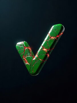 Cracked green checkmark with red glow compromised verification concept
