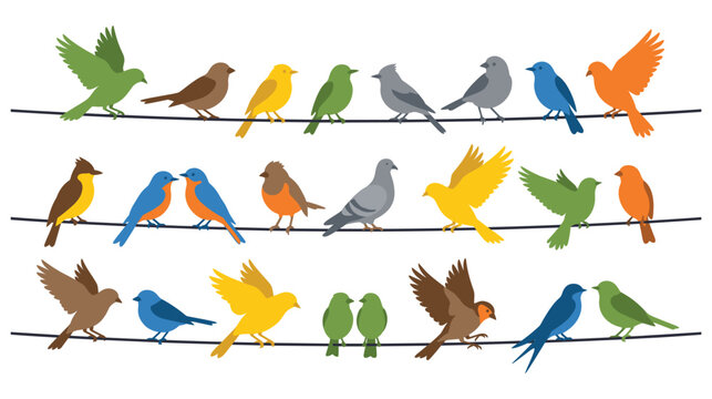 Illustration of colorful birds sitting on power lines.