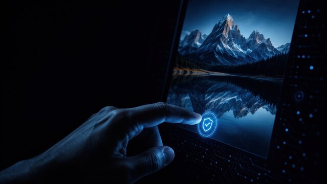 Hand touching authenticated landscape photo with digital verification badge