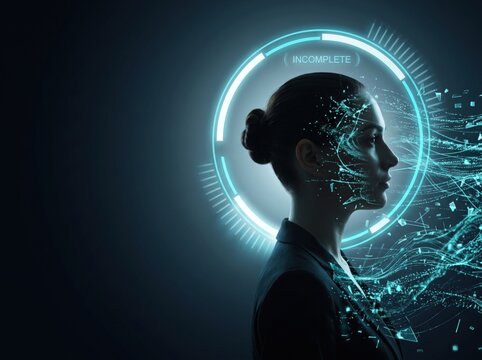 Woman profile dissolving into digital particles incomplete scan concept