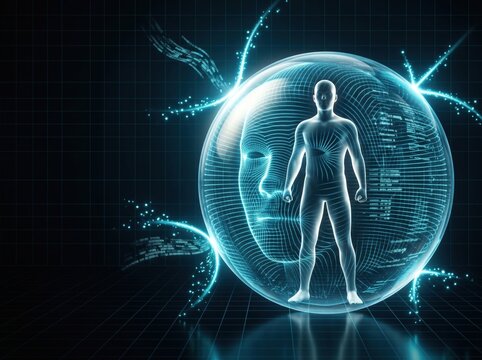 Wireframe human figure inside digital sphere with embedded face illustration