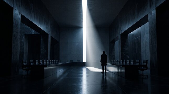 Solitary Figure Standing in Modern Empty Conference Hall