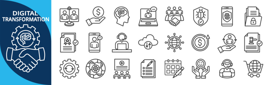 Digital transformation outline icon set. Contain digital, workplace, cloud computing, artificial intelligence, customer experience, change management, cyber security, e-commerce, communication