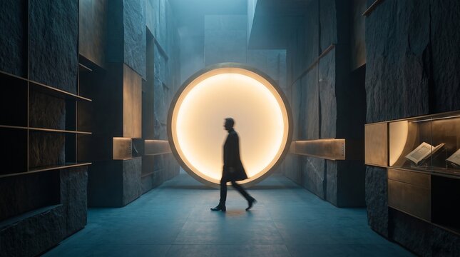 Silhouette Person Walking Through Glowing Portal Tunnel