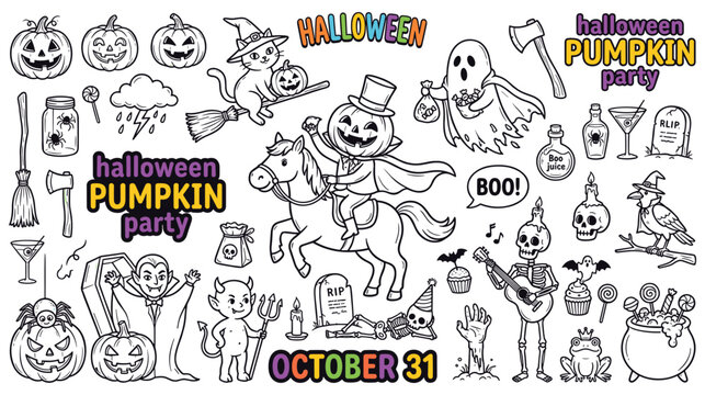 Halloween holiday outline fun characters and objects set.